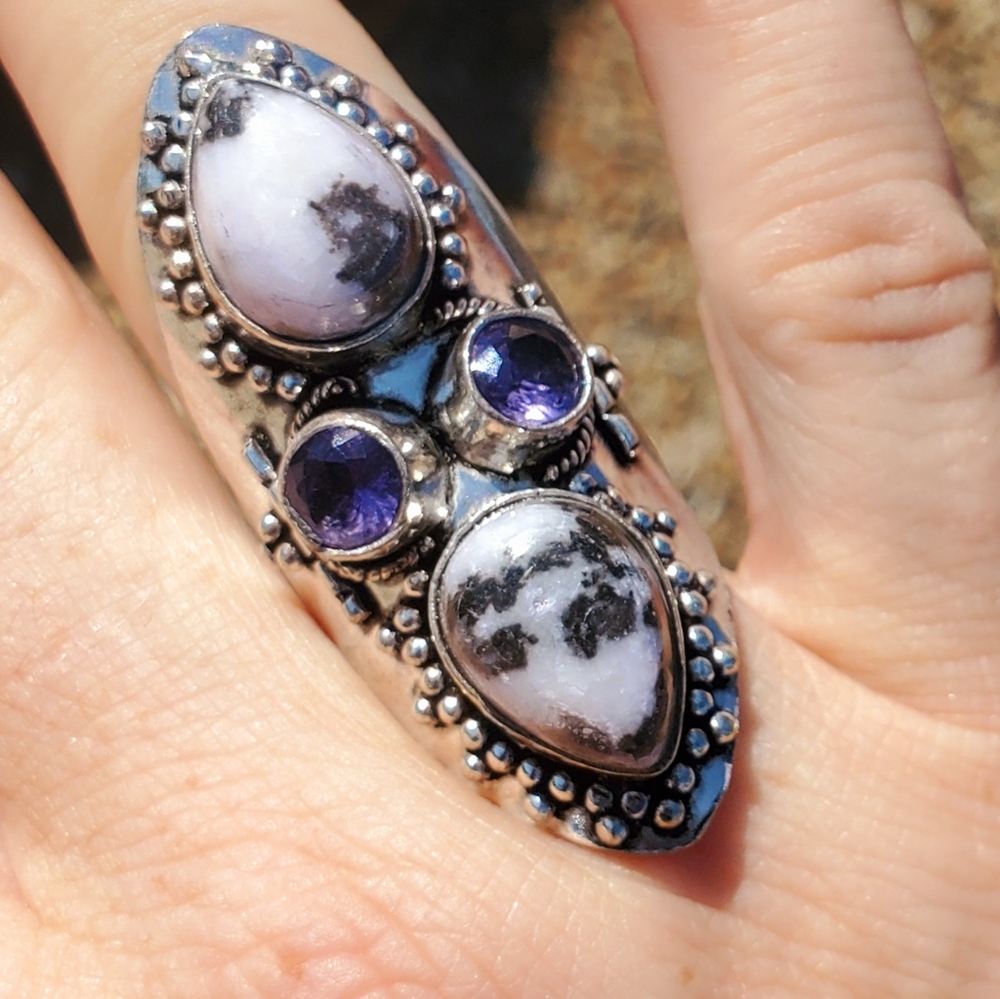 New Zebra Jasper and Amethyst 925 Silver Statement Ring.